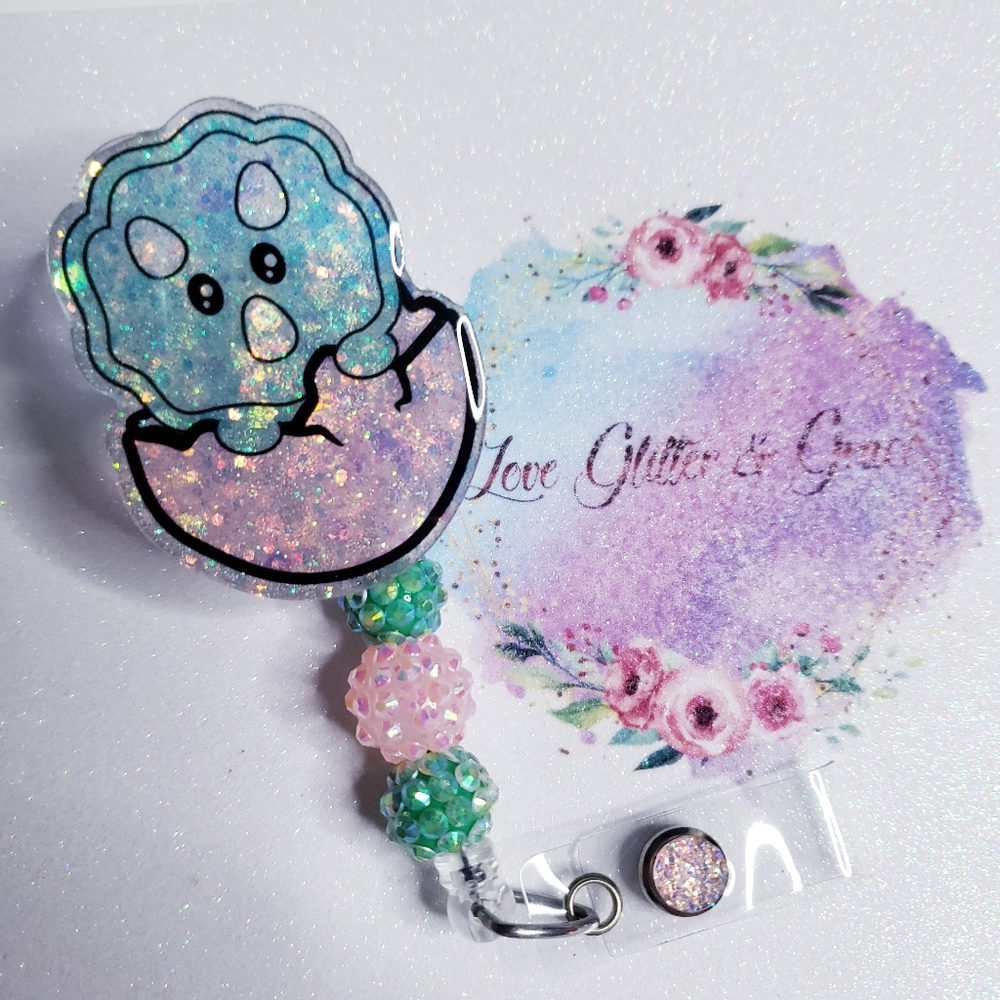 Baby Dinosaur badge reel, glitter, nurse, healthcare